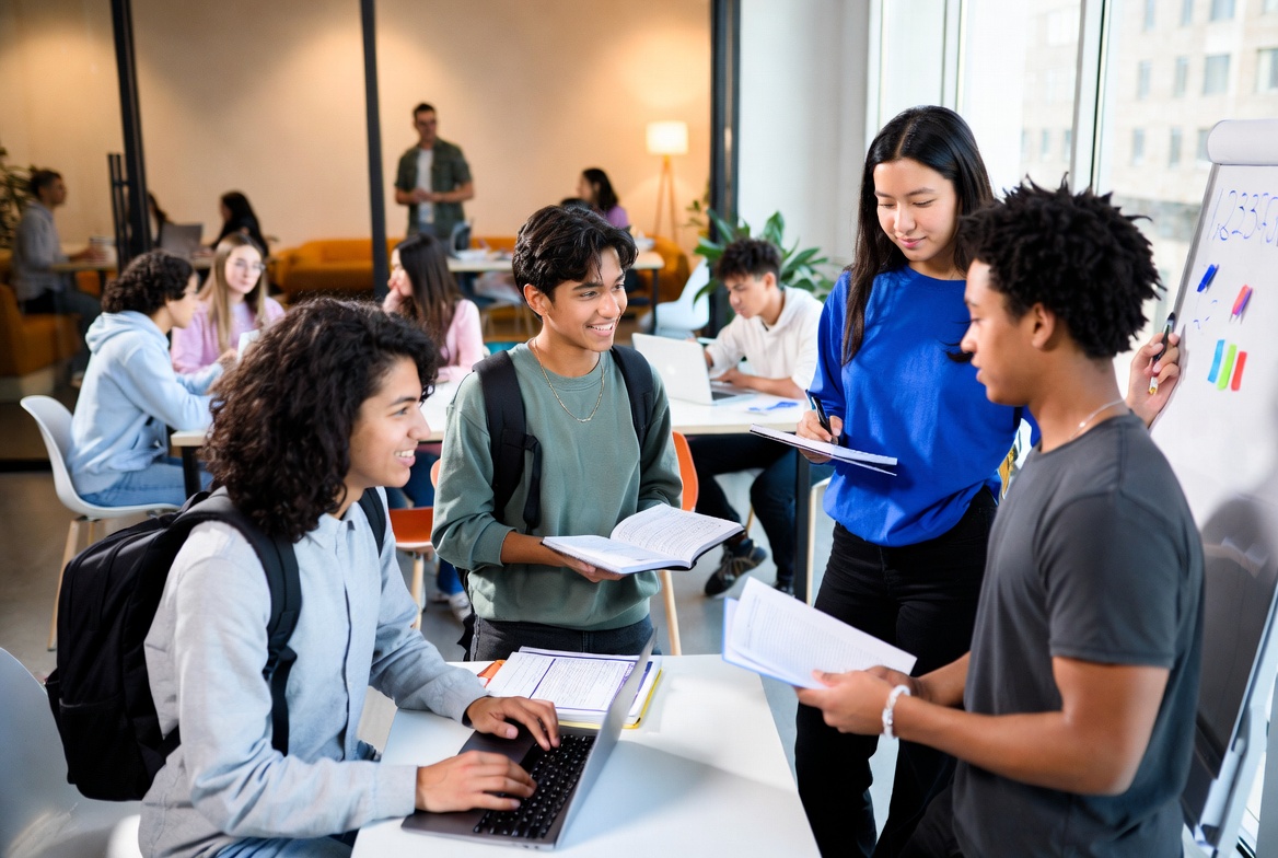Diverse students collaborating in a modern classroom