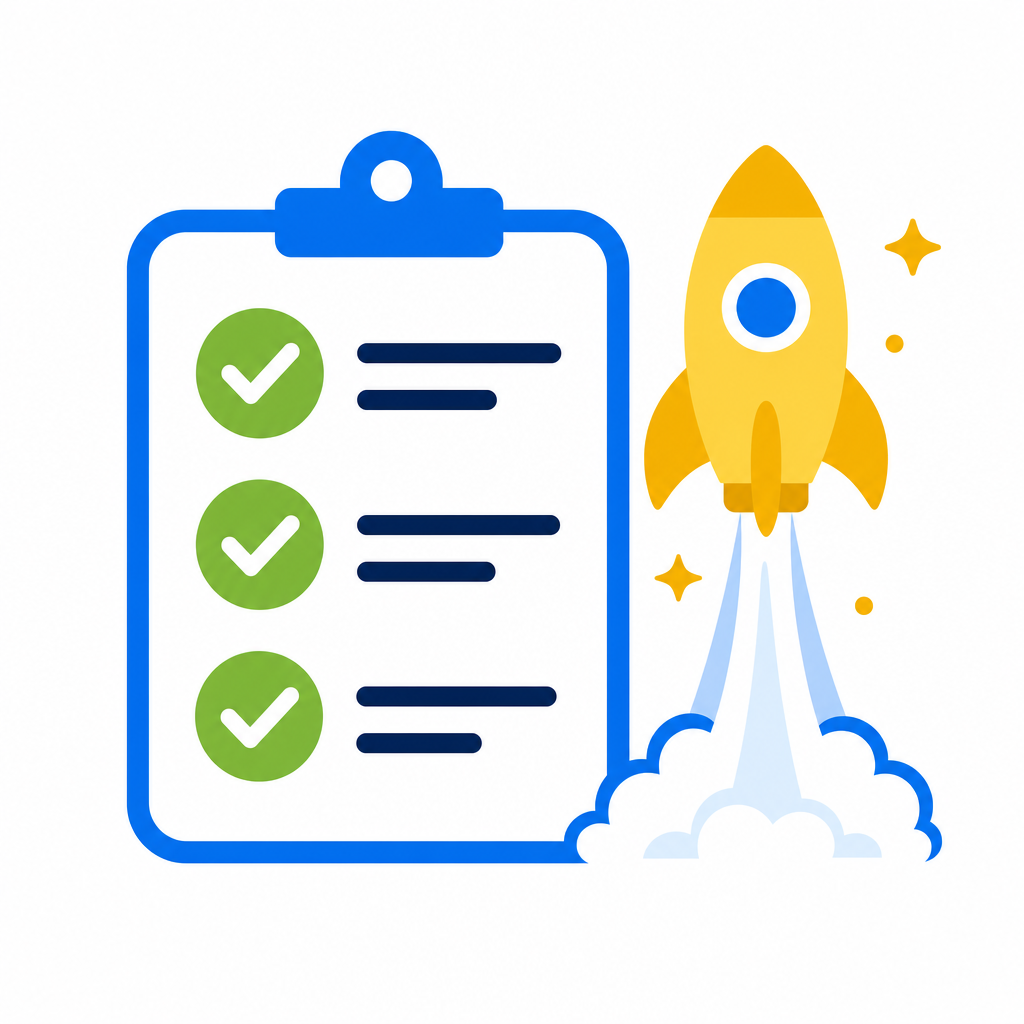 Checklist with green check marks beside a gold rocket launching upward