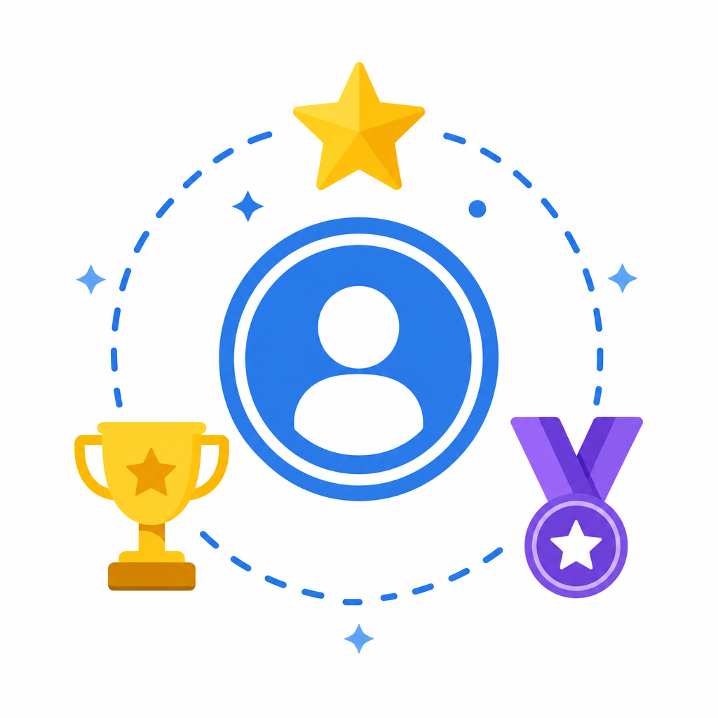 Person identity badge surrounded by a star, trophy and medal