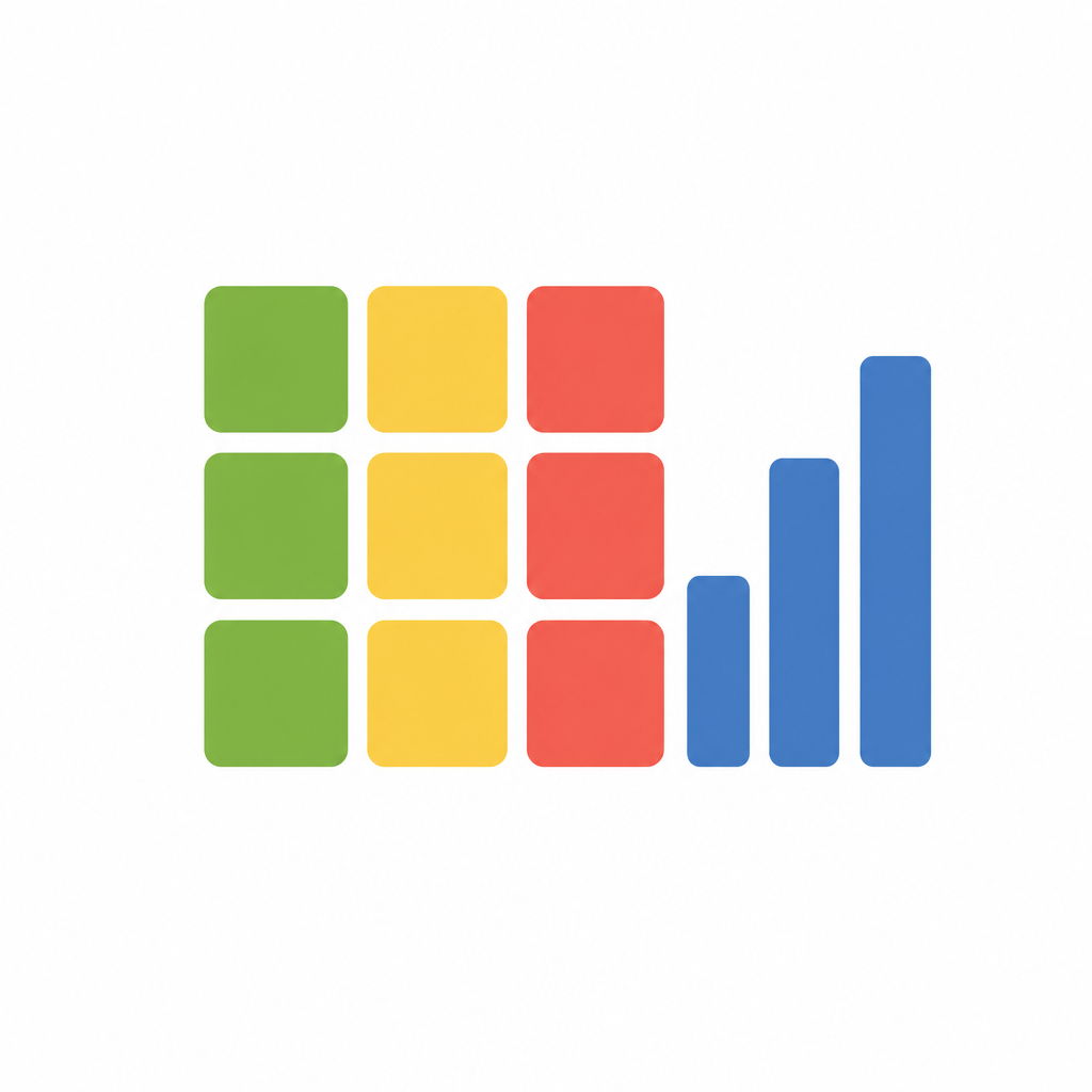 Colorful heat-map grid of green, yellow and red cells with a rising bar chart