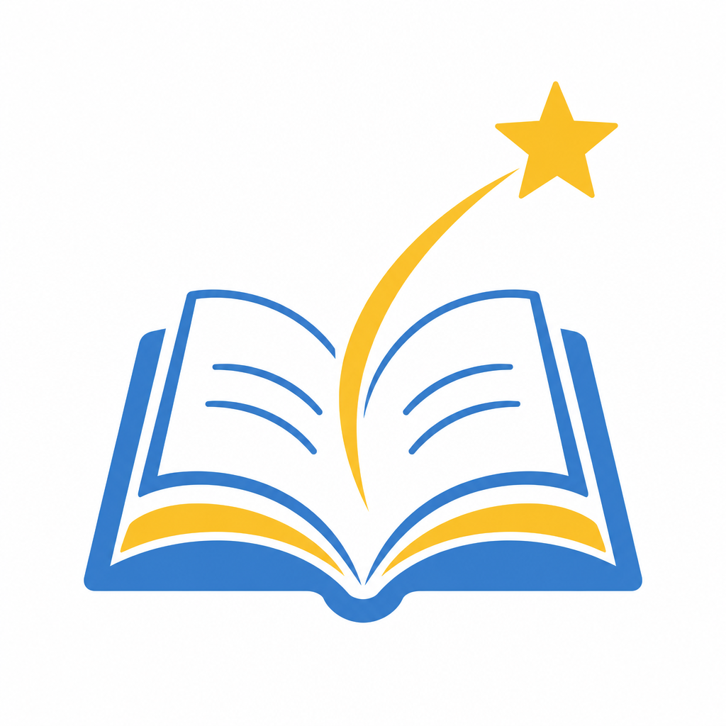 Open book in blue and gold with a rising narrative arc and a star