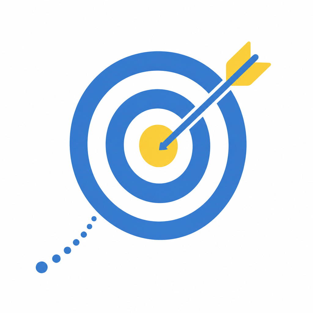 Gold and blue target with an arrow on the bullseye and a roadmap path