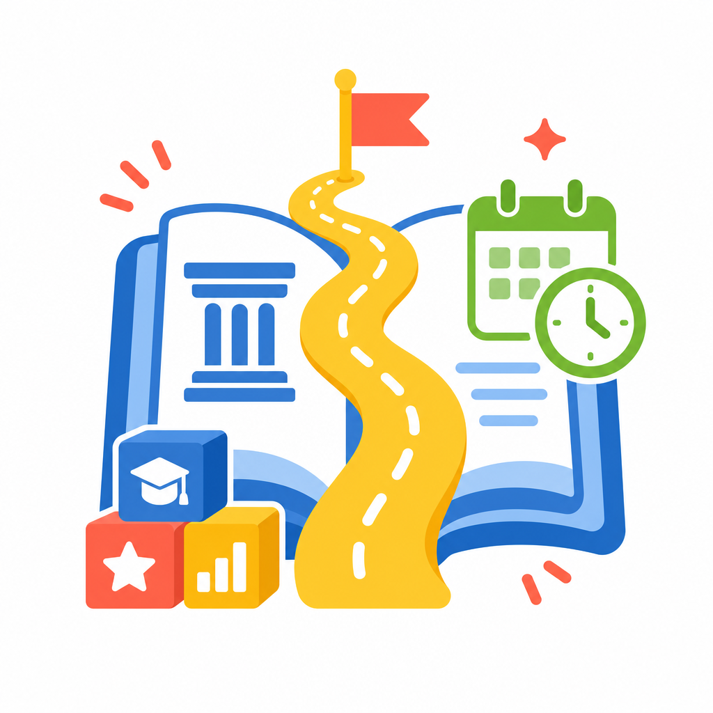 Open blue book with a gold roadmap and a green calendar and clock