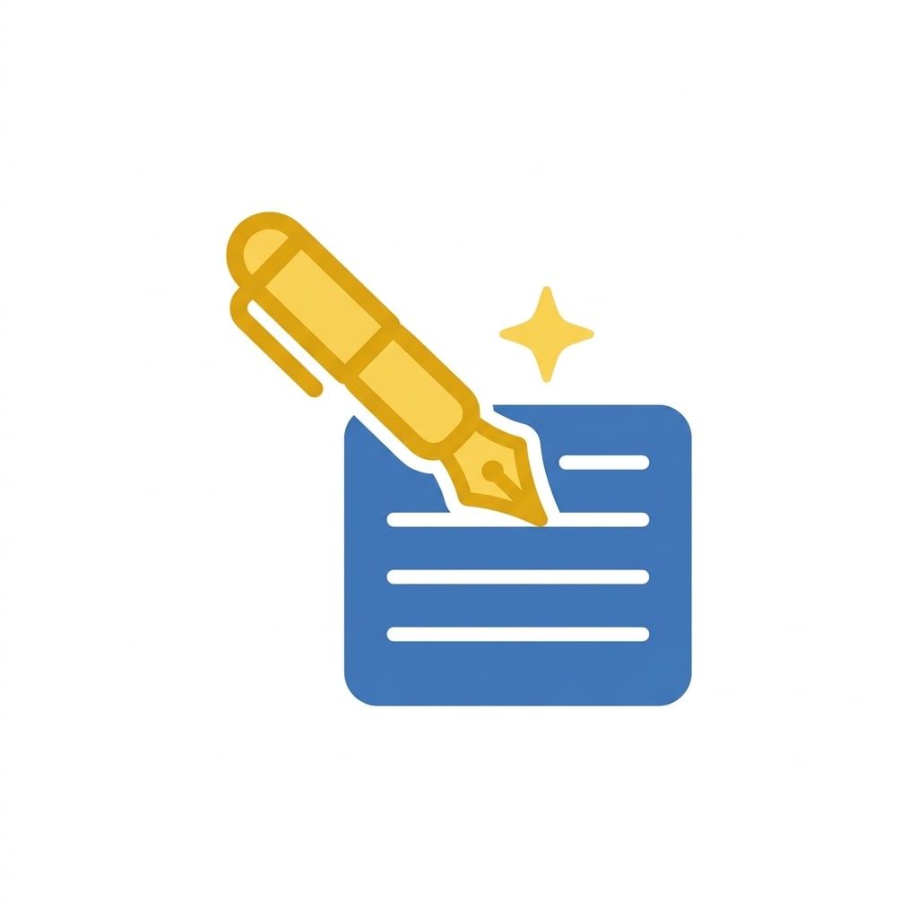 Gold fountain pen writing on blue lined paper with a sparkle