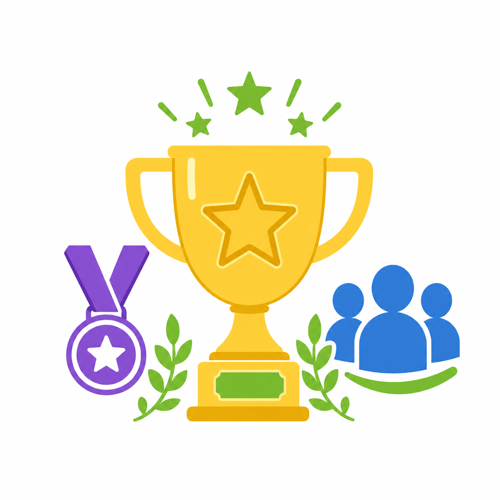 Gold trophy with a purple medal and blue leadership figures