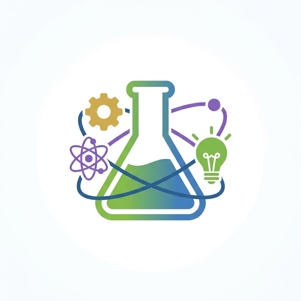 Colorful science beaker orbited by a gear, atom, and lightbulb