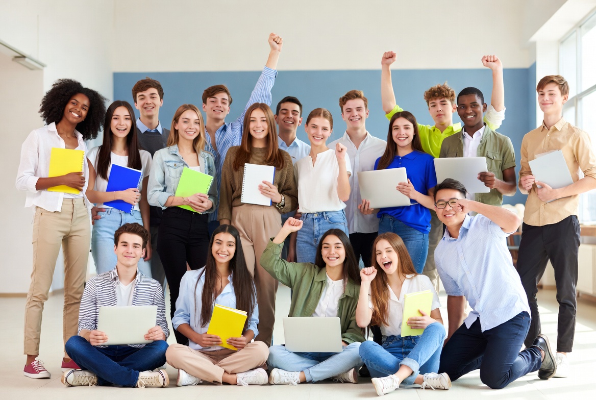 Excited students celebrating their college admissions success